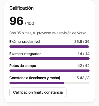 La calificación del alumno en su perfil: 96 de 100 con el desglose por parte