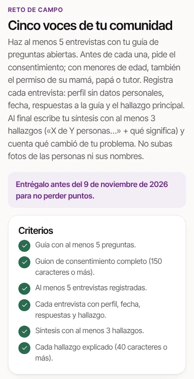 Reto de campo del nivel 2: cinco entrevistas con sus criterios cumplidos