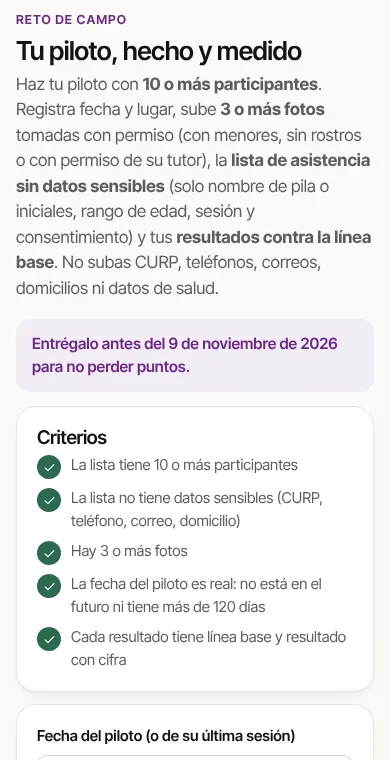 Reto de campo del nivel 6: el piloto con 10 o más participantes, fotos y resultados