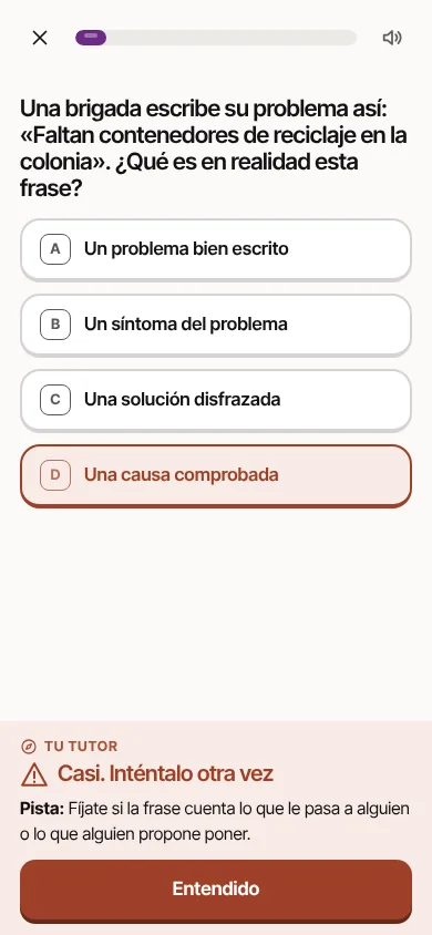 El tutor da una pista después del primer error en un ejercicio de opción múltiple