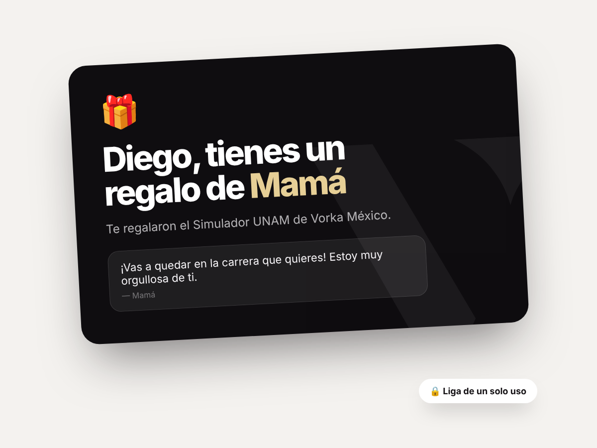 Tarjeta de regalo del Simulador UNAM con mensaje personalizado