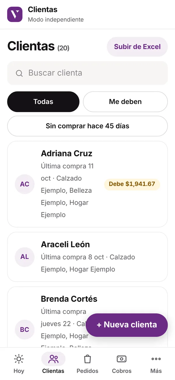 Pantalla Clientas de Vende
