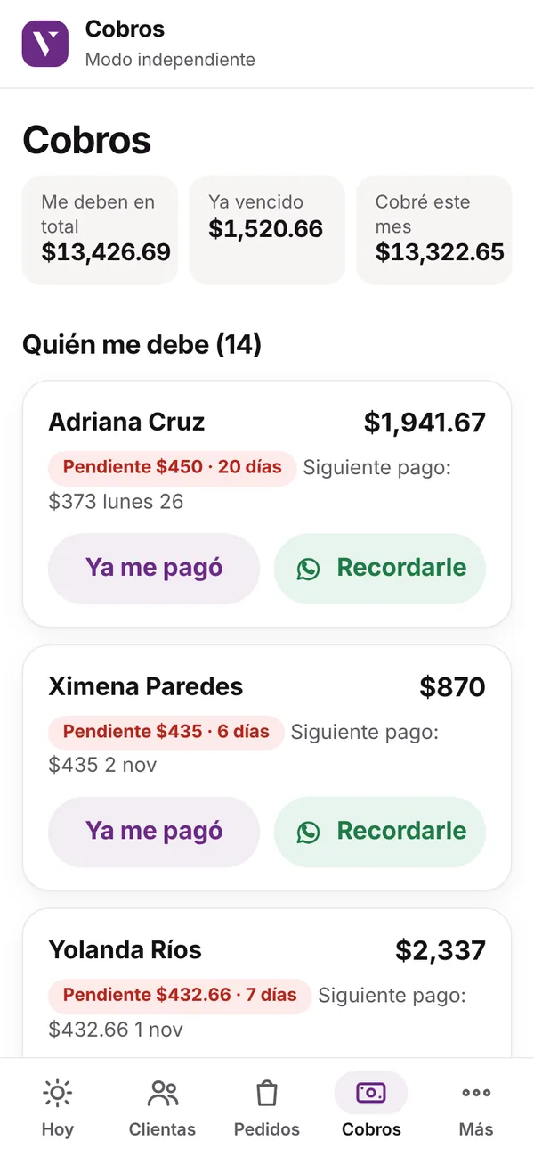 Pantalla Cobros de Vende