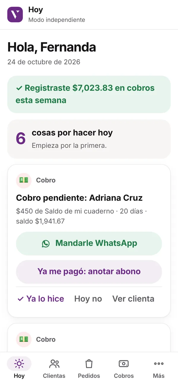 Pantalla Hoy de Vende: 6 cosas por hacer, con botones para mandar WhatsApp y anotar el abono